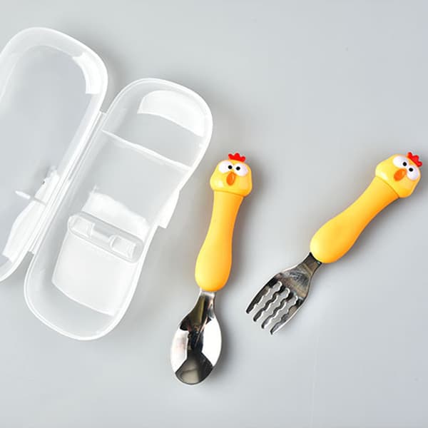 Baby Fork Spoon Plastic Handle Stainless Steel Tableware for Children Feeding Training Chicken (Yellow)