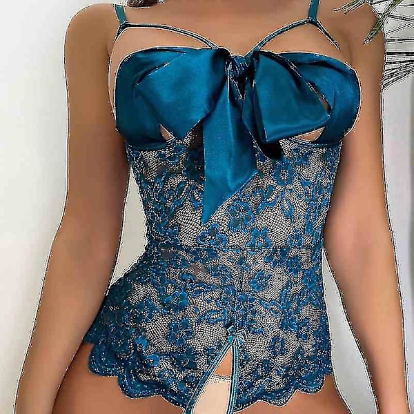 Seductive Lace Lingerie Set for Women - Deep V Bow Pajamas, Crotchless Sleepwear (M)