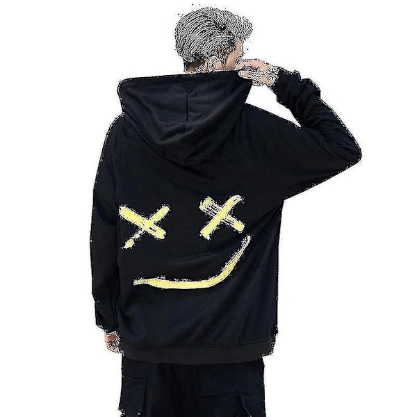 Smile Face Tryckt Herr Långärmad Hoodie Pullover Topp Svart