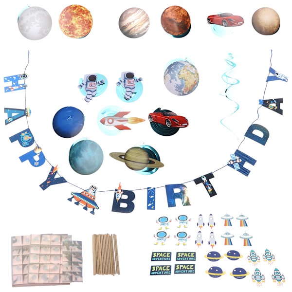 Rymd Födelsedagsflagga Astronaut Planet Spiral Banner Kostym för Partydekorationer Tårtinsats