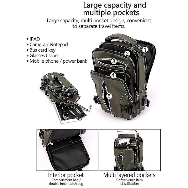 Sling Crossbody-väska för män med stöldskyddsdesign och USB-port - Khaki