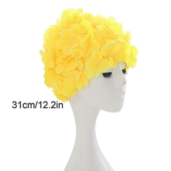Badehette med kronblader, retro 3D-blomstermotiv, badehette med blomster, bra yellow