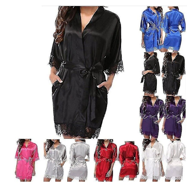 Satin Svart Brudtärna Kimono Robe Nattkläder Badrock
