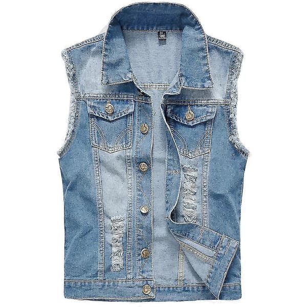 Herr Casual Ripped Lapel Ärmlös Denim Bomullsjacka Blue 3XL