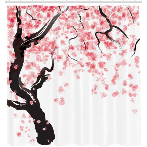 Blomstret badeforhæng, 180 cm x 200 cm, Rosa Sort, Kirsebærblomst[LD]