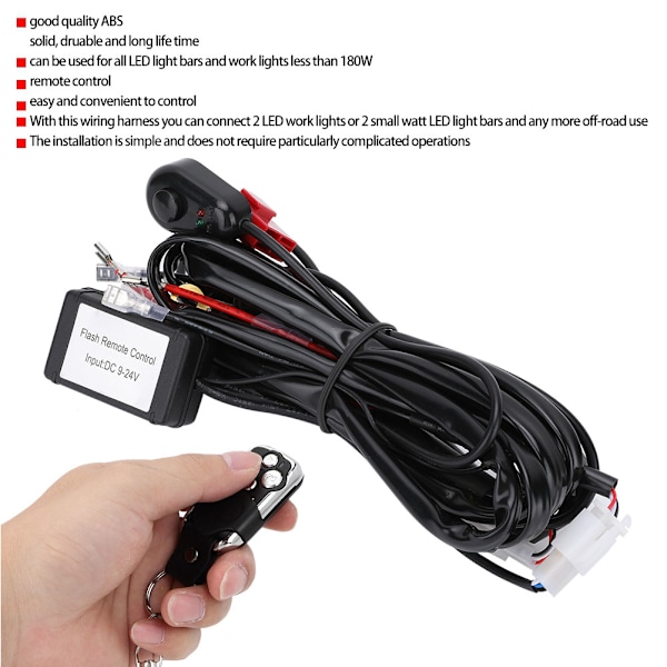 2m 2-i-1 LED-kabelsett med fjernkontroll, blinkende strobe-lys, lysstangbryter, relé, sikringssett