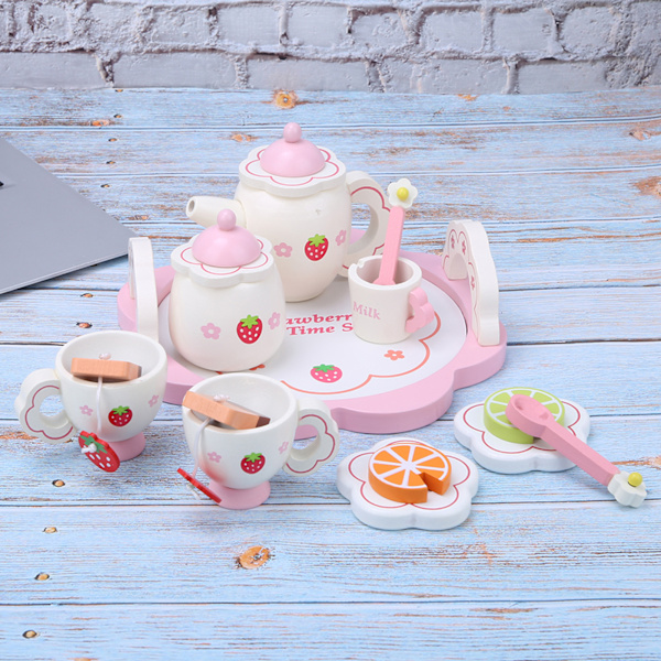 Träservis med hög simulering av teserviser Låtsas rollspel Kid Educational Toy Set Pink Teaware