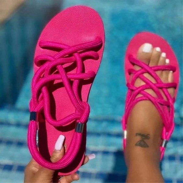 Kvinnor platt bekväma sandaler med öppen tå Cross-rem Slip On Shoes Summer Beach Tofflor rose Red 37