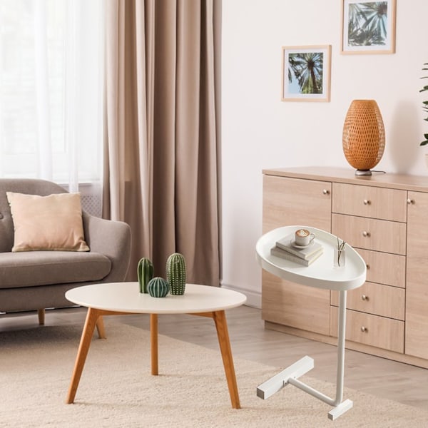 C-format sidobord litet ägg Ovalt soffände Soffbord som glider under för vardagsrum Vit
