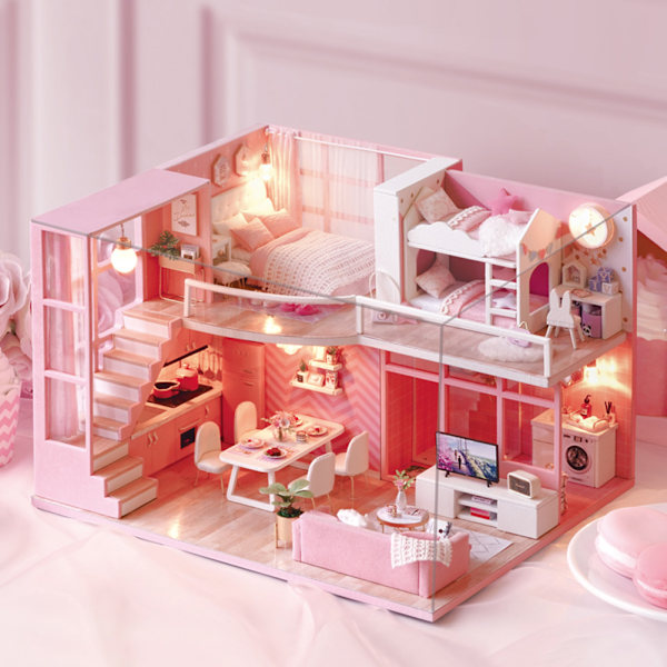 DIY handgjorda miniatyr rosa flicka trä loft dockhus modell kit leksak gåva
