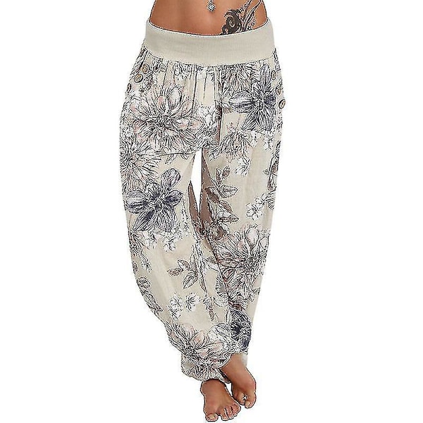 Dame Oversize Harem Bukser med Print - Løse Bukser med Vid Ben (5XL, Abrikos)