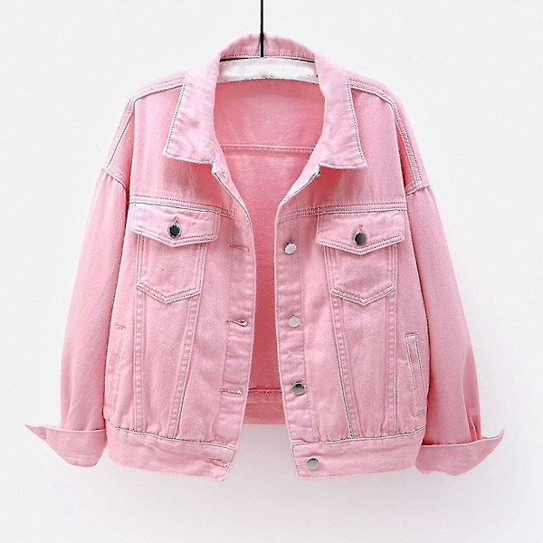 Vårens og høstens denimjakke for kvinner i ensfarget, langærmet yttertøy XL rosa