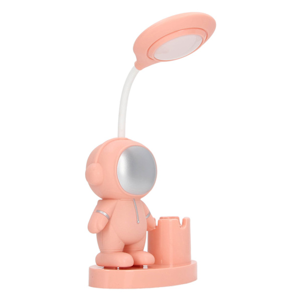 Lille skrivebordslampe Tegneserie Astronaut Form Genopladelig skrivebordslampe med penneholder Spids til sovesal i soveværelse Rosa