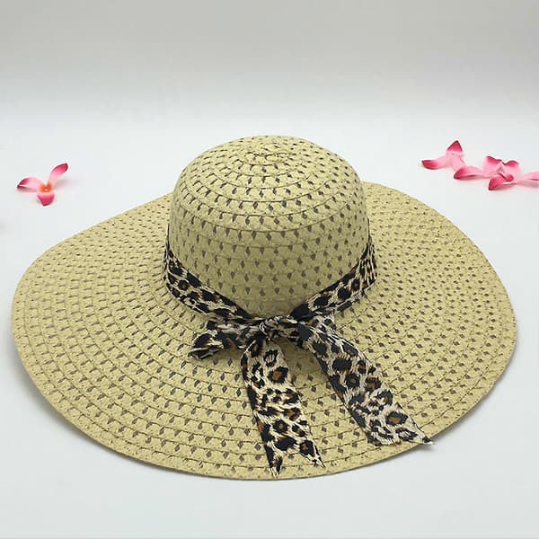 Solskyddsmedel Flätad Vikbar Stråhatt Leopard Rosettdekor Bred Brätte Dam Strandhatt Modeaccessoarer Sky Blue