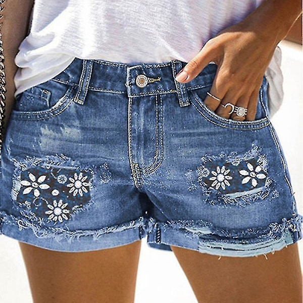 Blå Blommiga Denim Mini Shorts för Kvinnor - Strandmode Stretch Jeans (2XL)