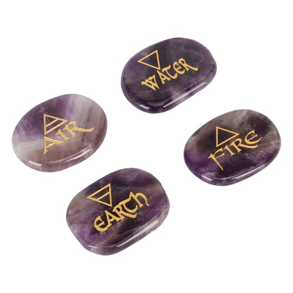 4 Elementer Sorterade Stenar Graverade Triangulära Symboler Jord Luft Eld Vatten Polerade Runstenar för Reiki Kristaller Healing Ametist