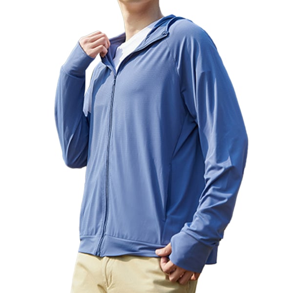 Män UPF 50+ Solskydd Lättvikts Full Zip Hoodie Jacka Långärmad Solskyddande Jacka för Fiske Vandring Utomhus Blå XL