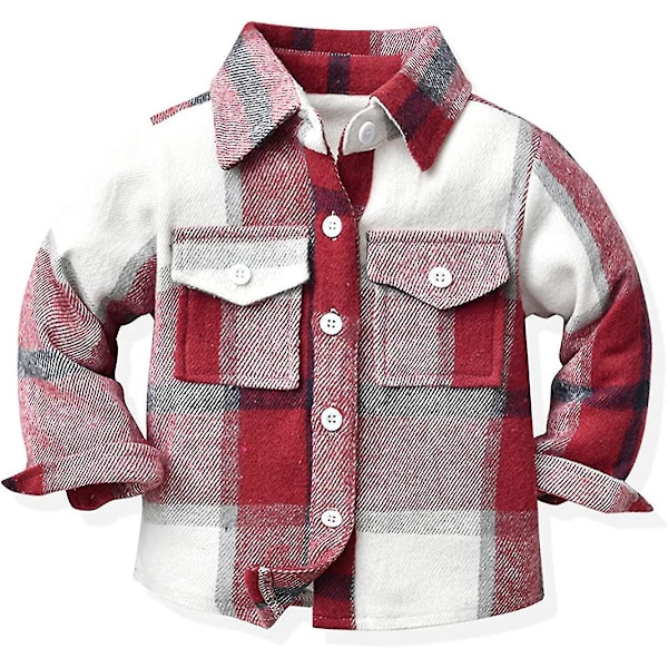 Flannel Plaid Skjortejakke til småbørn - Langærmet reversknappet jakke til efterår og vinter, varm overtøj (A-rød, 4-5T)
