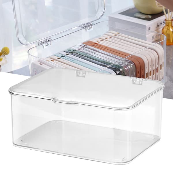Desktop Storage Box Plastic Large Capacity Dustproof Multifunctional Phone Case Storage Holder with Lid Transparent