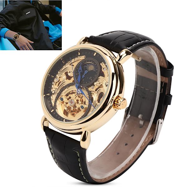 FORSINING Vattentät Automatisk Mekanisk Klocka Herr PU Armband Armbandsur Svart Guld