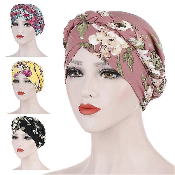 Elegant blomstertrykk elastisk hodeplagg for kvinner, turbanhatt for kreft, cellegift, hårtapshatt Black