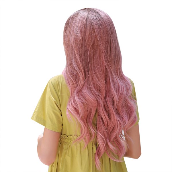 LC313 Lång vågig peruk Rosa mittdel lockigt helhår Syntetisk Cosplay kostym peruker för kvinnor