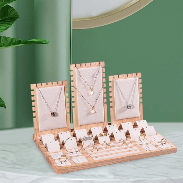 Bambu smycken display stativ för eleganta örhängen Ringar och Beige Velvet