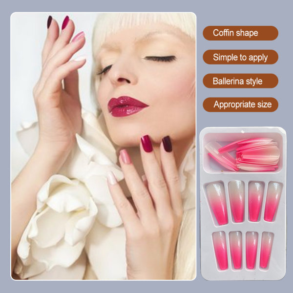 1 Set in French Tip Press on Nails Gradient Extension fingernaglar Type 1 2g glue,24Pcs jelly