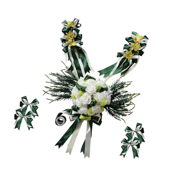 12 stycken bröllopsbildekorationssats Silk Flower Ribbon Bows Green