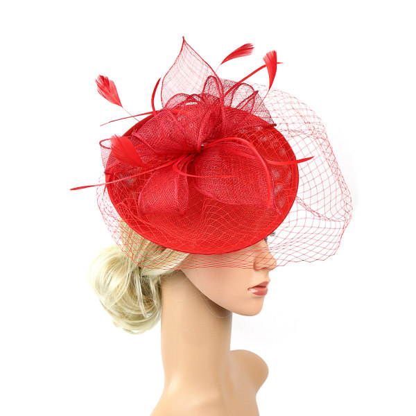 Sinamay Hat Feather Pannband Fascinator Veil Wedding För Royal Red