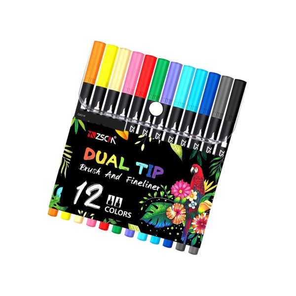 1/2 12 färger Penselpennor med dubbla spetsar Art Markers Set Fine & Pensel 1 Pc