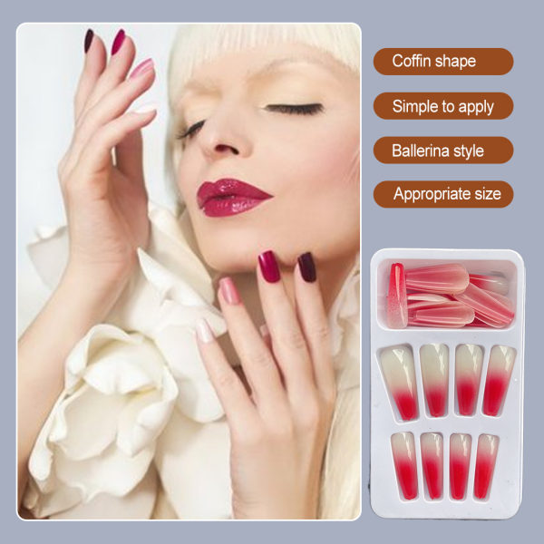 1 Set in French Tip Press on Nails Gradient Extension fingernaglar Type 12 2g glue,24Pcs jelly