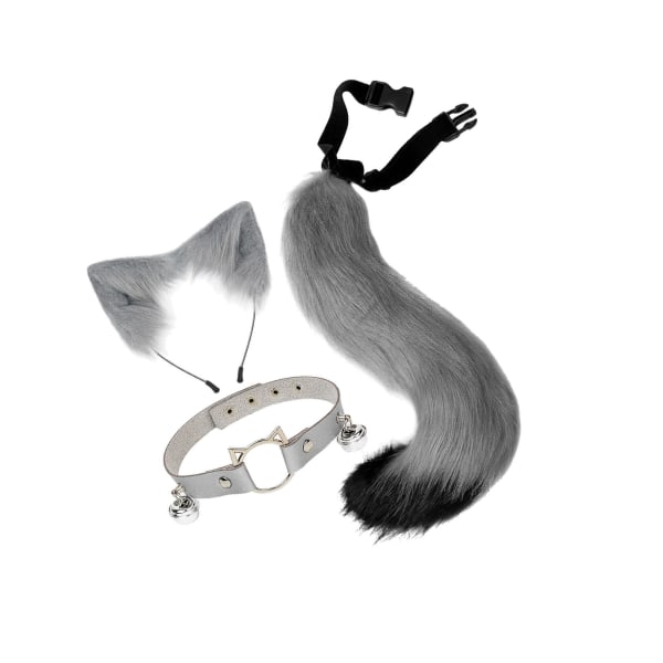 3x Plush För Fox Ears and Tail Set Dam Flickor Huvudbonad Hals Grey