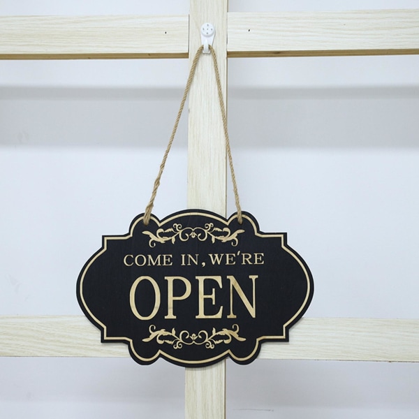 Öppna stängd dörr skylt affärsskylt hängande trä för butik pub Black Golden Letters 30x20cm