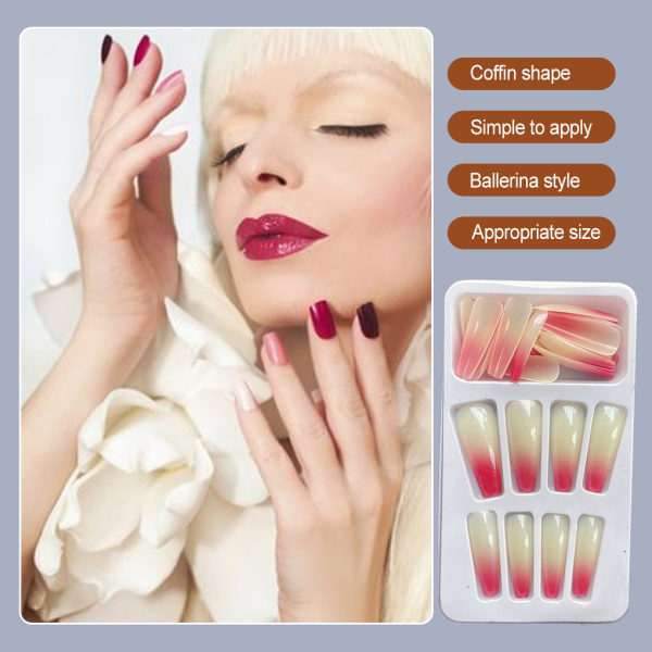 1 Set in French Tip Press on Nails Gradient Extension fingernaglar Type 2 2g glue,24Pcs jelly