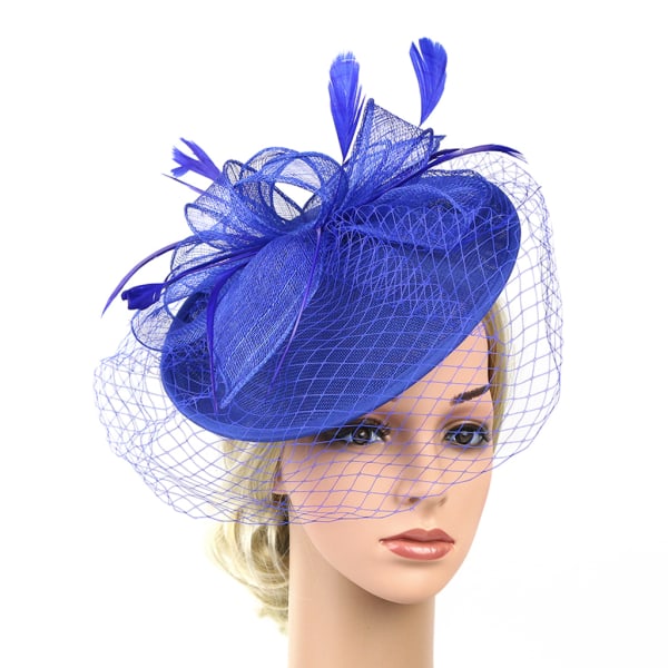 Sinamay Hat Feather Pannband Fascinator Veil Wedding För Royal Blue