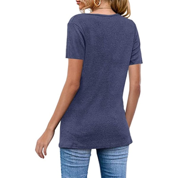 Dam T-shirt V-ringad topp Kortärmad enfärgad blus T Navy Blue XXL