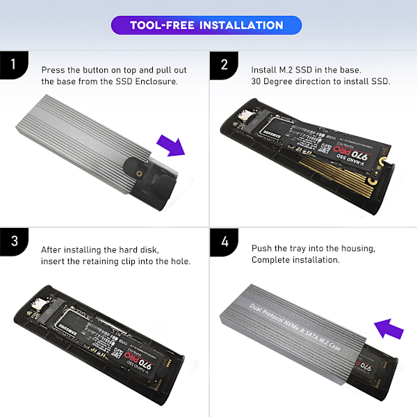 1/2/3/5 M2 Ssd case för hårddiskstorlek som stöds Verktygsfritt C-C line+A-C line 5PCS