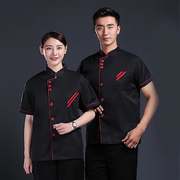 Unisex Kort & Långärmad Kockjacka Hotellkök Serviceuniform Arbetskläder Black and Red M Short Sleeve