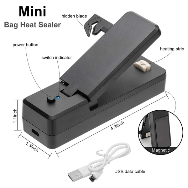 Mini Bag Sealer-2In1 Portabel Uppladdningsbar Handhållen Vakuum Heat Sealer och plastpåsskärare