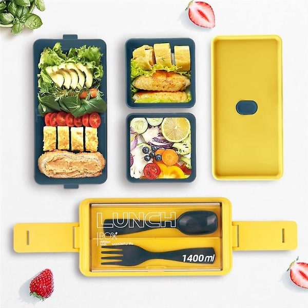 Lunchbox-set, 1400 ml Lunchbox för Vuxna, 3 Fack, Matlåda för Förberedda Måltider