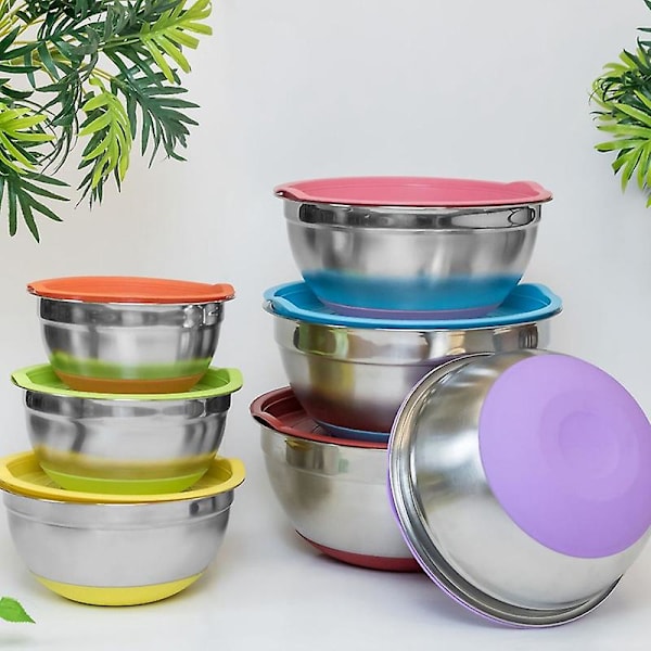 5 stk. Rustfrit Stål Blandeskåle 18-26 cm i Diameter Metal Nesting Skåle med Farverige Lufttætte Låg