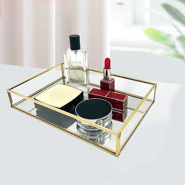 Nordisk Retro Opbevaringsboks Gylden Rektangulær Glas Makeup Opbevaringsboks Bakke