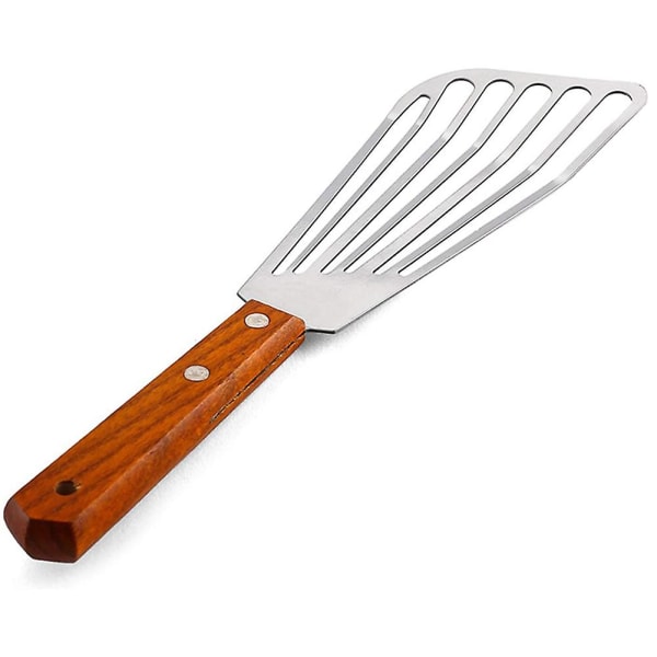 Fiskspade i rostfritt stål, fiskspade med trähandtag, spackel med hål, kökspade i metall