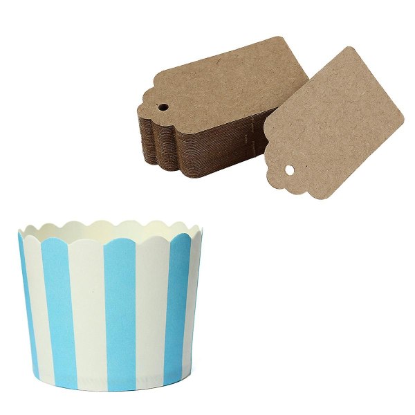 Sæt med 100 rustikke 40mm x 70mm bølgede kraftkort, blanke brune etiketter og 50 cupcake-papirer