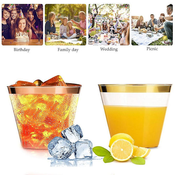 Gyllene Plastkoppar 9oz Engångskoppar Plastvinglas Partykopp Transparent Plastkopp