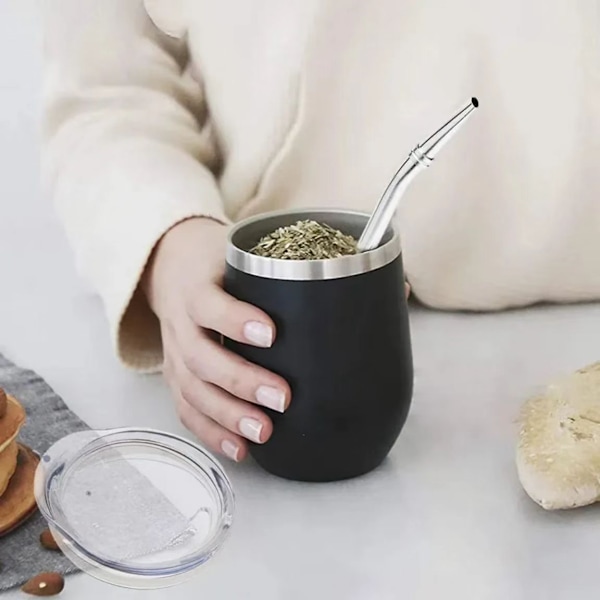 Dubbelväggig Yerba Mate-teservis i rostfritt stål, vatten-mate-tekopp med lock, sked, sugrör och hatt