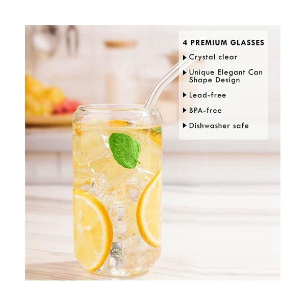Glas med sugrör - 16 oz dricksglasset om 4 - Kaffekopp i glas med sugrör - Söt