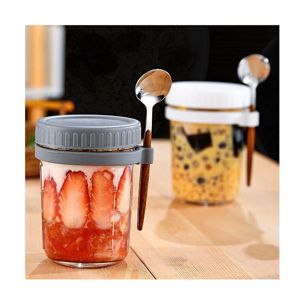 4 beholdere til overnight oats med låg og ske glas masonjar til overnight oats utætte