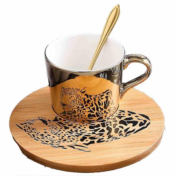 Guld spejlrefleks kop og træ underkop kaffekop (Leopard) D